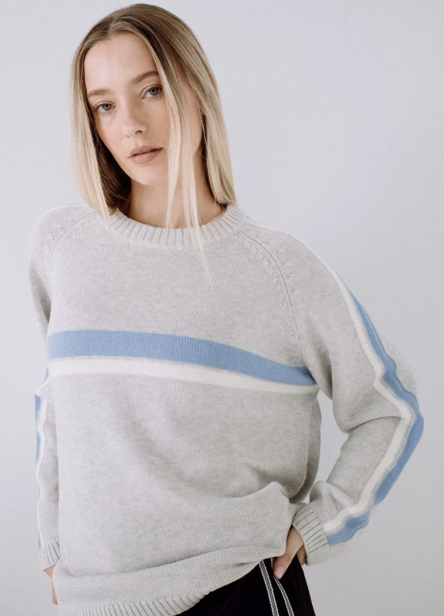 RUSTY WOMENS WHITE LINES LONG SLEEVE CREW NECK KNIT - GREY MARLE / BLUE