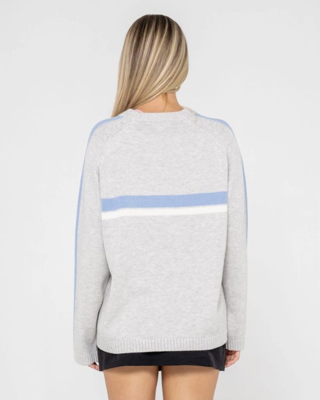 RUSTY WOMENS WHITE LINES LONG SLEEVE CREW NECK KNIT - GREY MARLE / BLUE