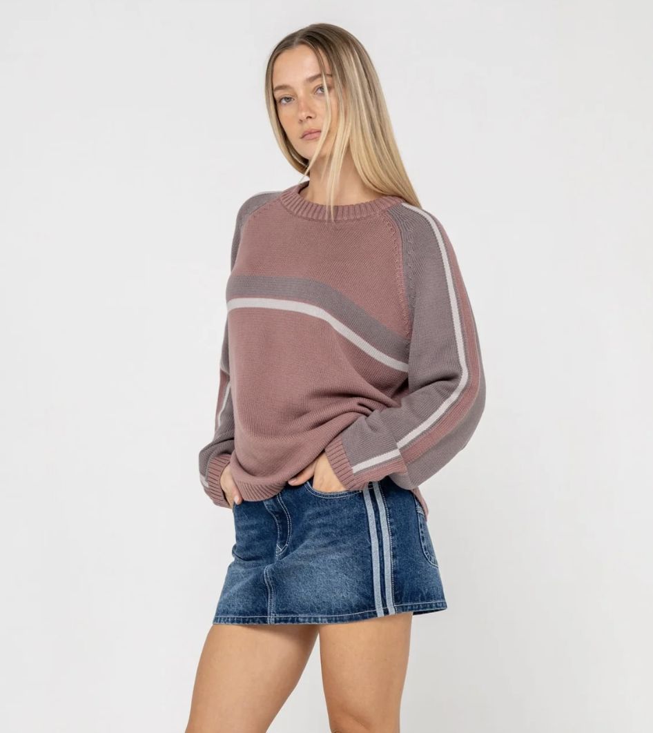 RUSTY WOMENS WHITE LINES TWO L/S CREW NECK KNIT - ELDERBERRY