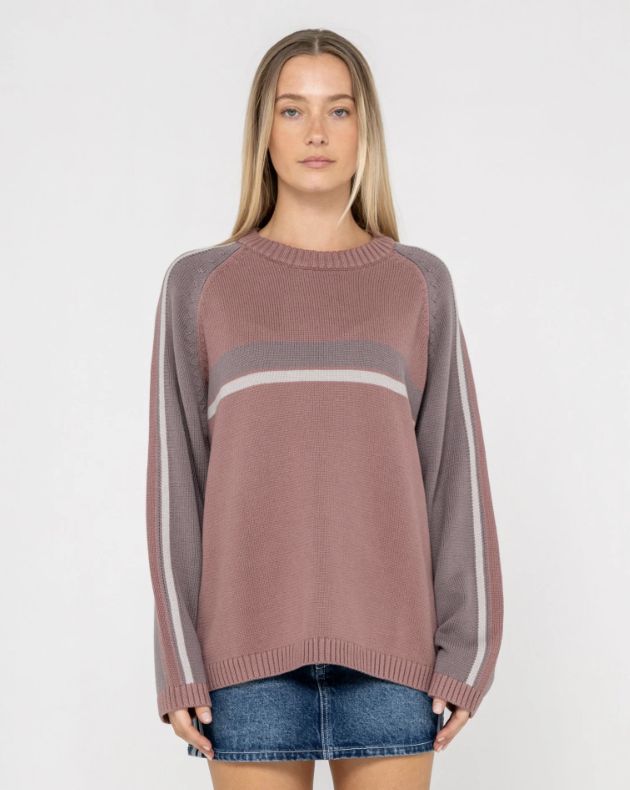 RUSTY WOMENS WHITE LINES TWO L/S CREW NECK KNIT - ELDERBERRY