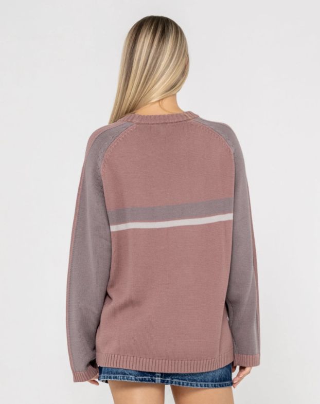 RUSTY WOMENS WHITE LINES TWO L/S CREW NECK KNIT - ELDERBERRY