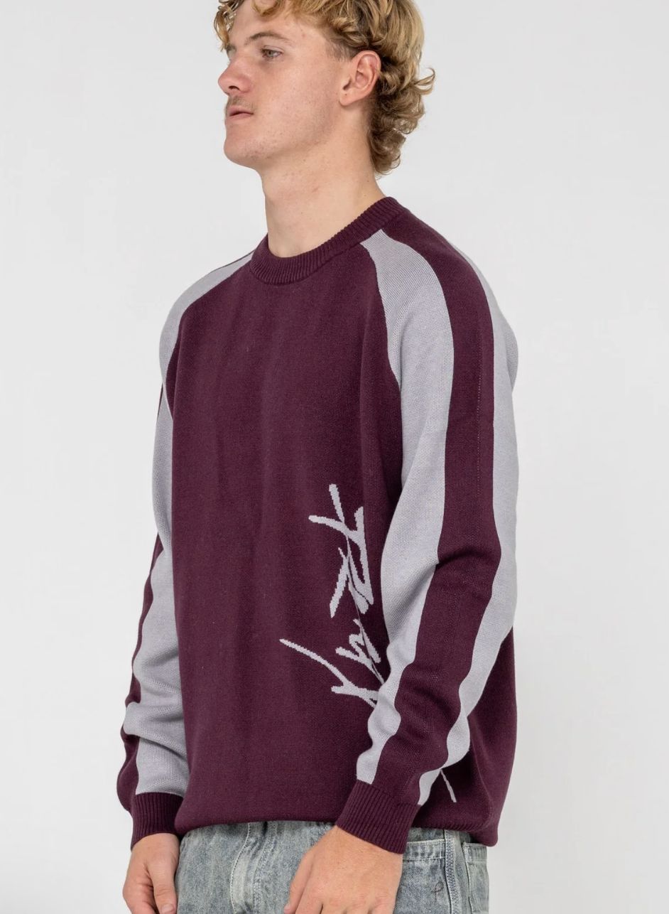 RUSTY MENS ROLL SAFE BOXY KNITTED CREW - BURGUNDY