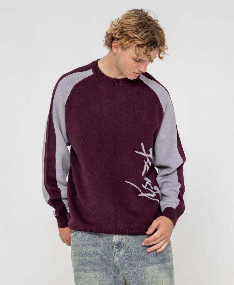 RUSTY MENS ROLL SAFE BOXY KNITTED CREW - BURGUNDY