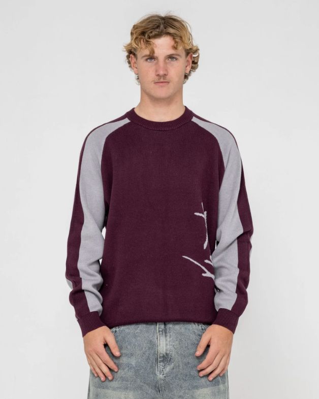 RUSTY MENS ROLL SAFE BOXY KNITTED CREW - BURGUNDY