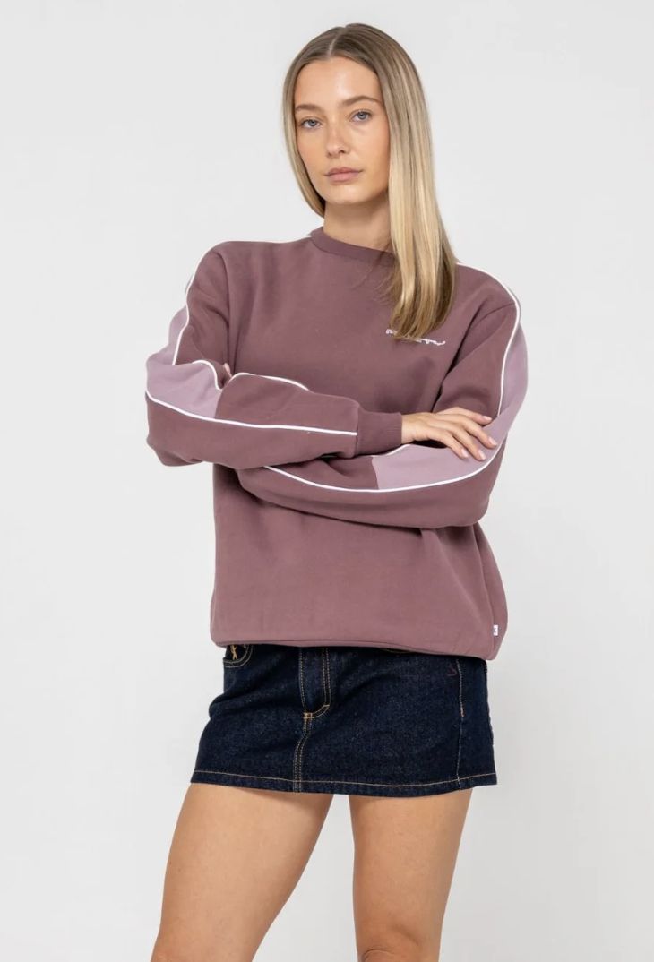 RUSTY WOMENS TWO TIMER PANELLED CREW FLEECE - CADET / ELDERBERRY