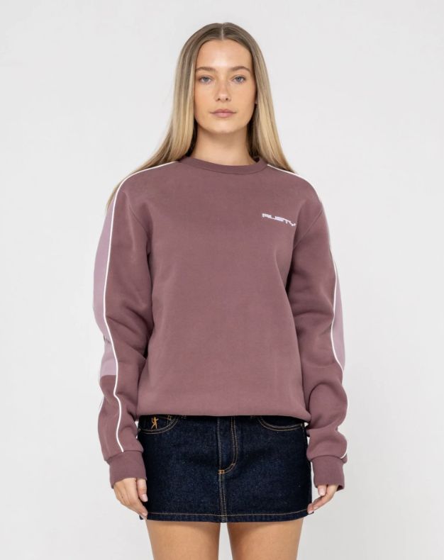 RUSTY WOMENS TWO TIMER PANELLED CREW FLEECE - CADET / ELDERBERRY
