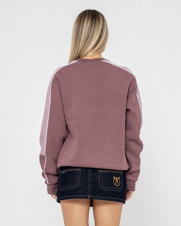 RUSTY WOMENS TWO TIMER PANELLED CREW FLEECE - CADET / ELDERBERRY