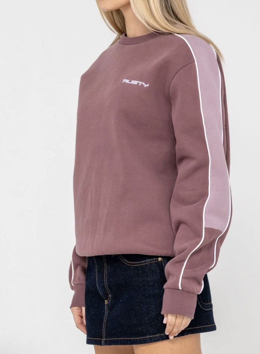 RUSTY WOMENS TWO TIMER PANELLED CREW FLEECE - CADET / ELDERBERRY