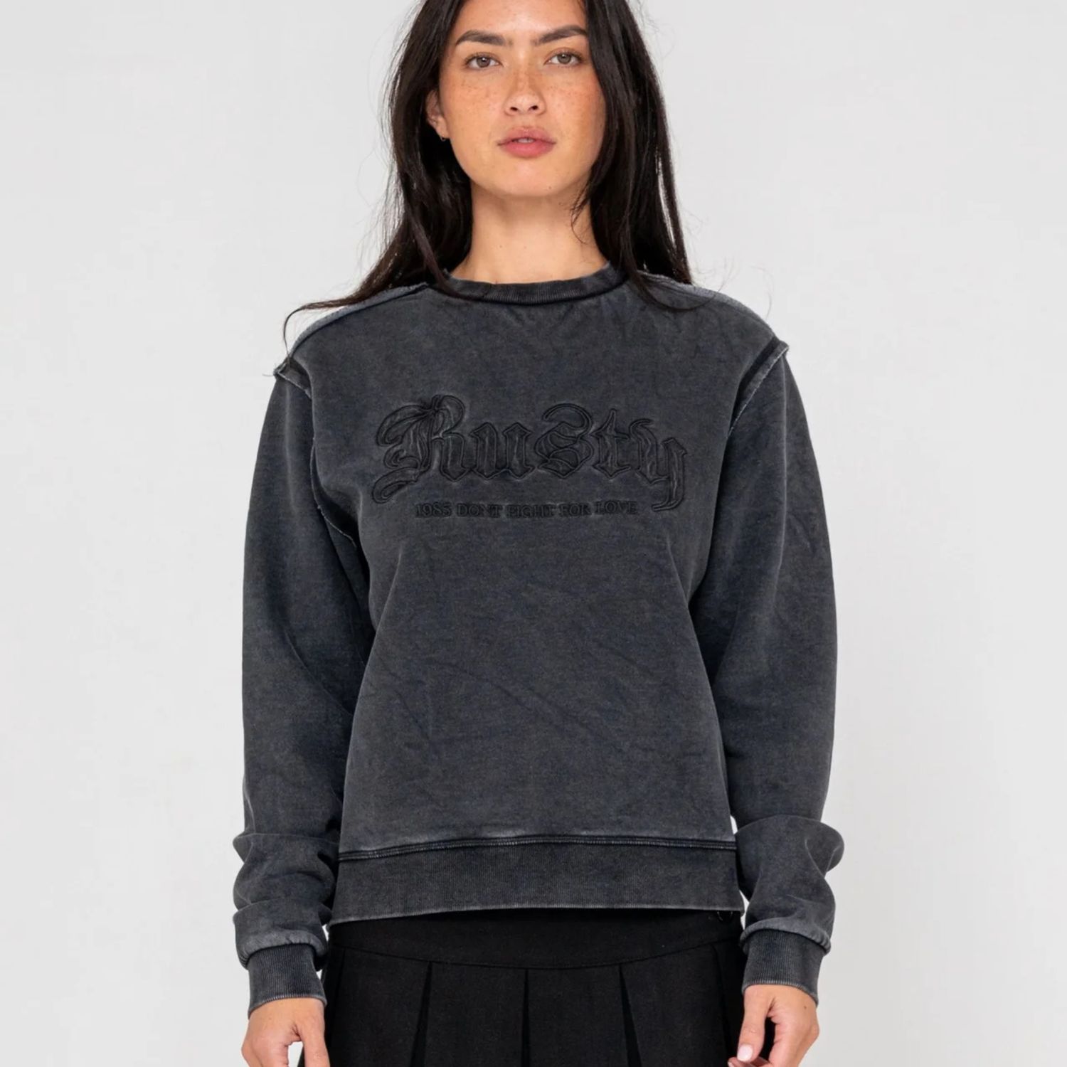 RUSTY WOMENS ROXANNE OVERSIZED CREW NECK FLEECE - WASHED BLACK