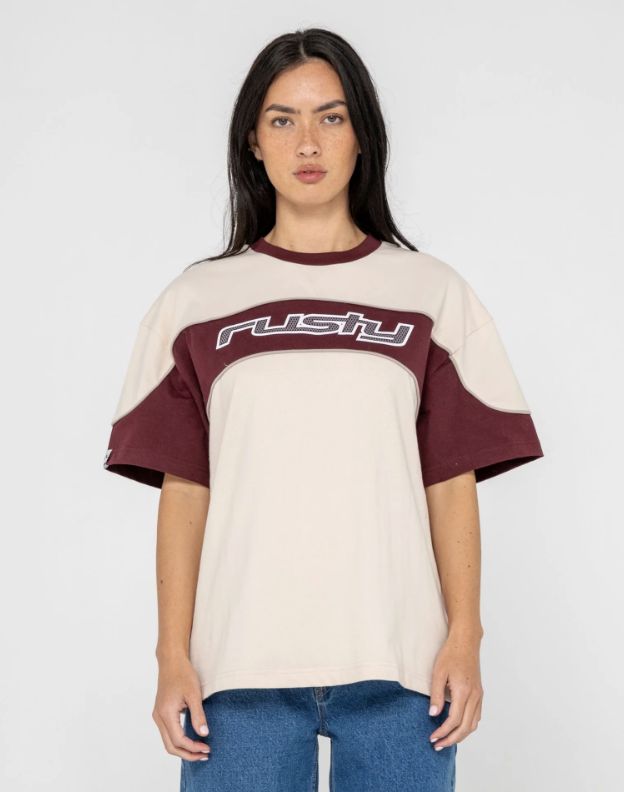 RUSTY WOMENS KINETIC OVERSIZE S/S TEE - CREAM / BURGANDY