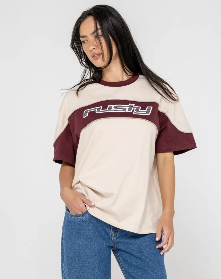 RUSTY WOMENS KINETIC OVERSIZE S/S TEE - CREAM / BURGANDY