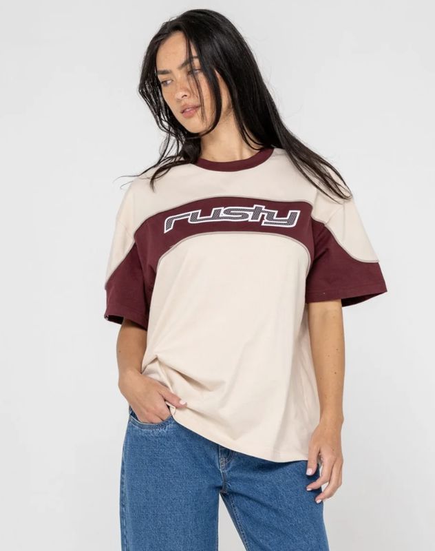 RUSTY WOMENS KINETIC OVERSIZE S/S TEE - CREAM / BURGANDY
