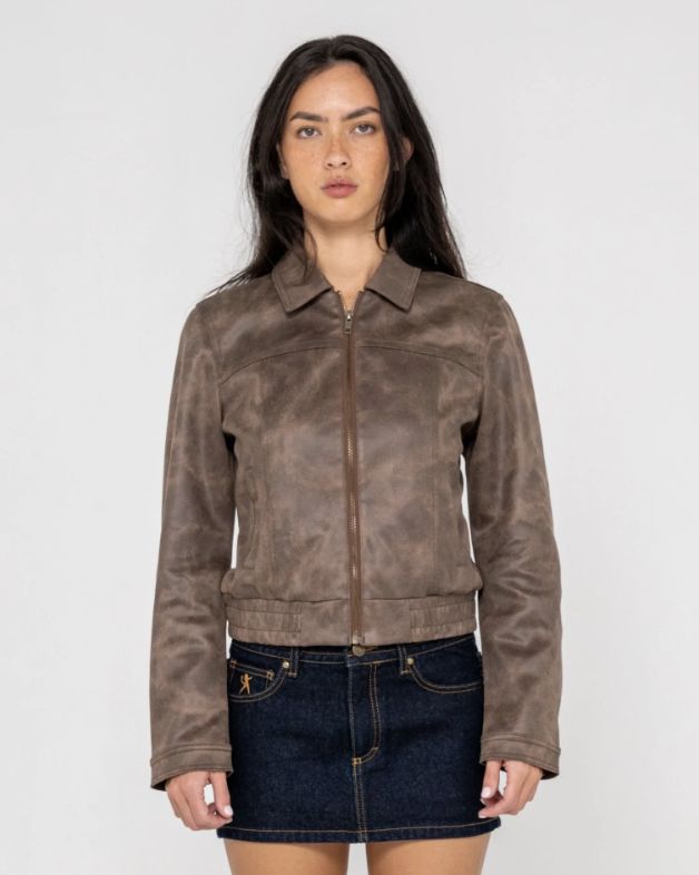 RUSTY WOMENS LIZZY FAUX LEATHER FITTED JACKET - ASH BROWN