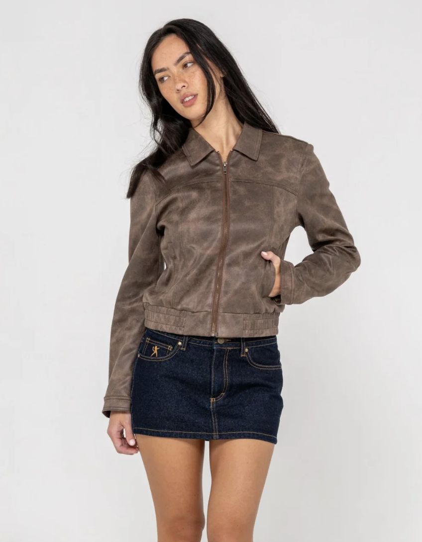 RUSTY WOMENS LIZZY FAUX LEATHER FITTED JACKET - ASH BROWN