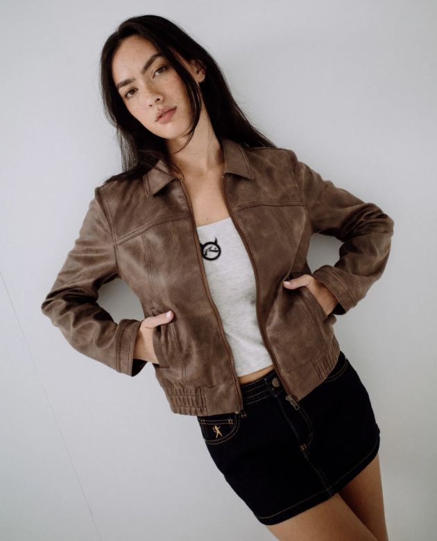 RUSTY WOMENS LIZZY FAUX LEATHER FITTED JACKET - ASH BROWN