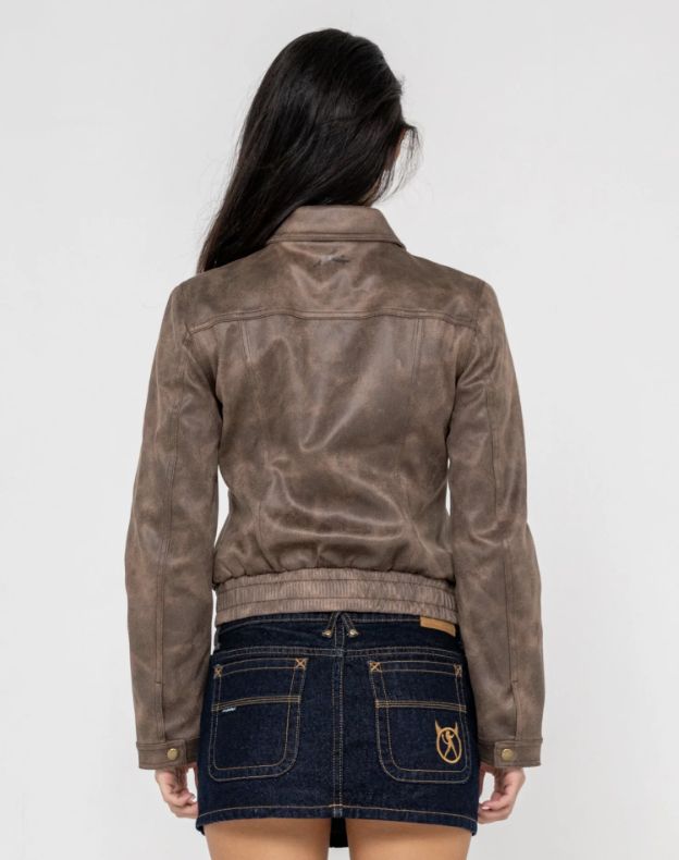 RUSTY WOMENS LIZZY FAUX LEATHER FITTED JACKET - ASH BROWN