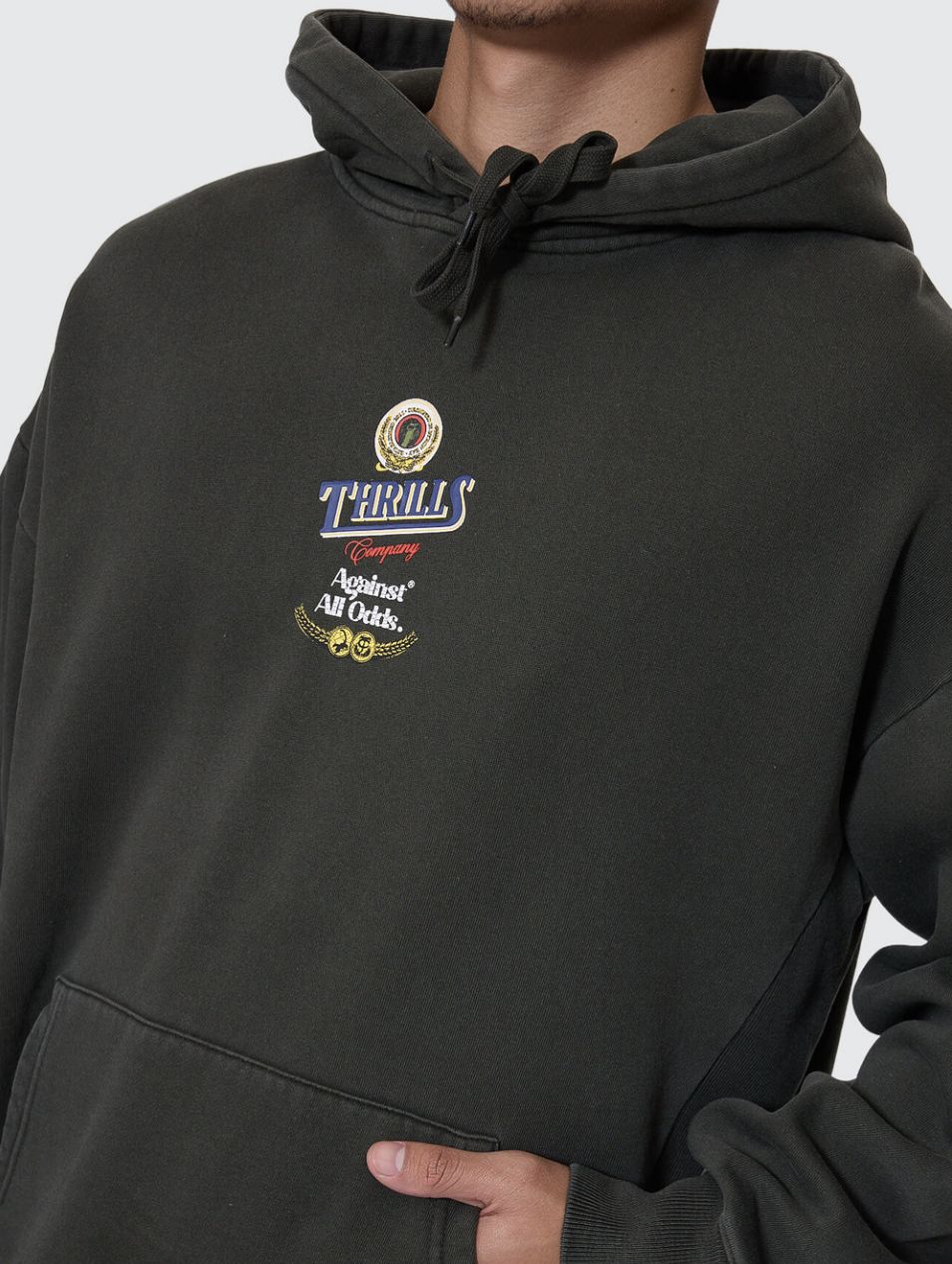 THRILLS MENS AGAINST ALL ODDS SLOUCH PULL ON HOOD - OIL GREEN