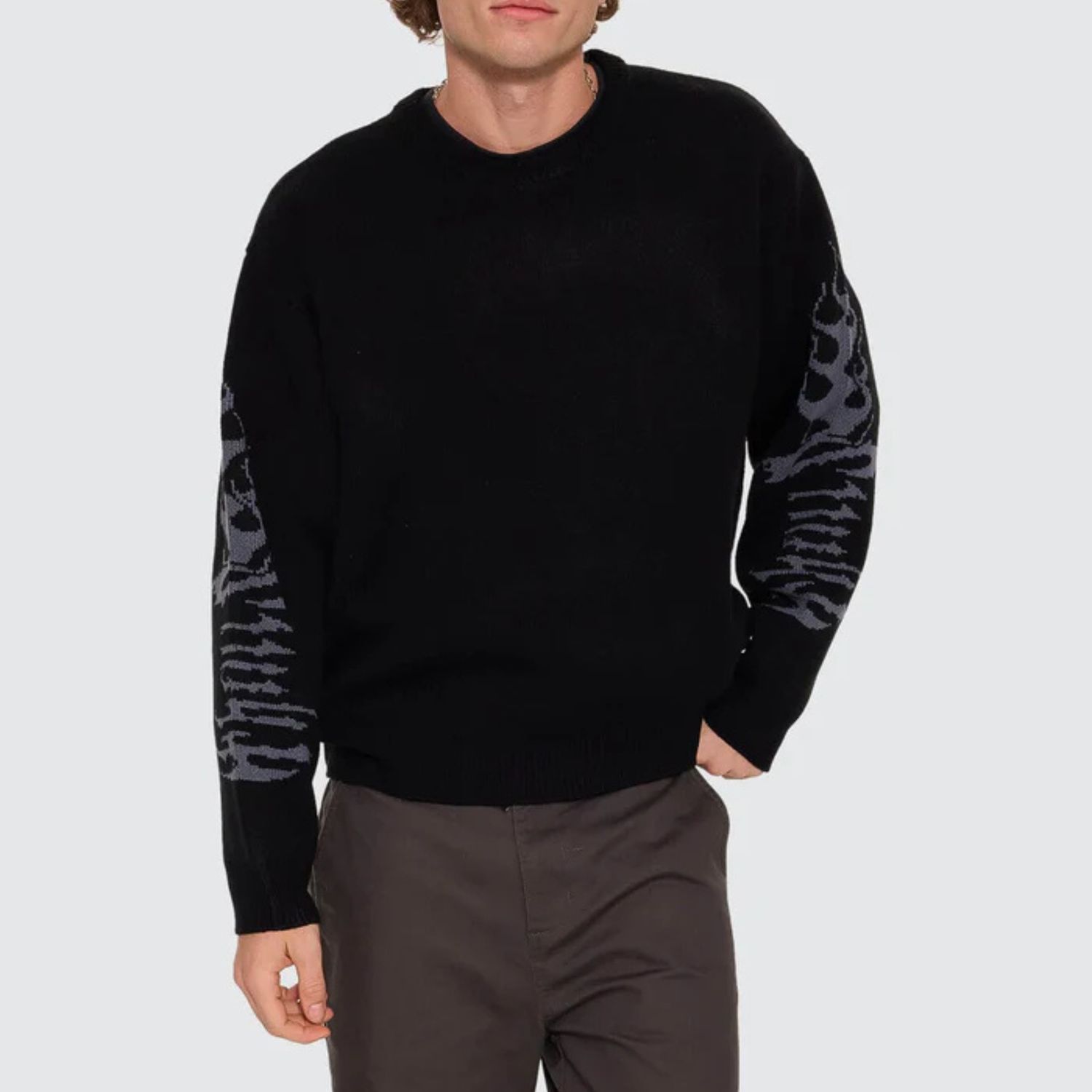 THRILLS MENS NIGHT PETAL BOX FIT CREW CROPPED KNIT - WASHED BLACK