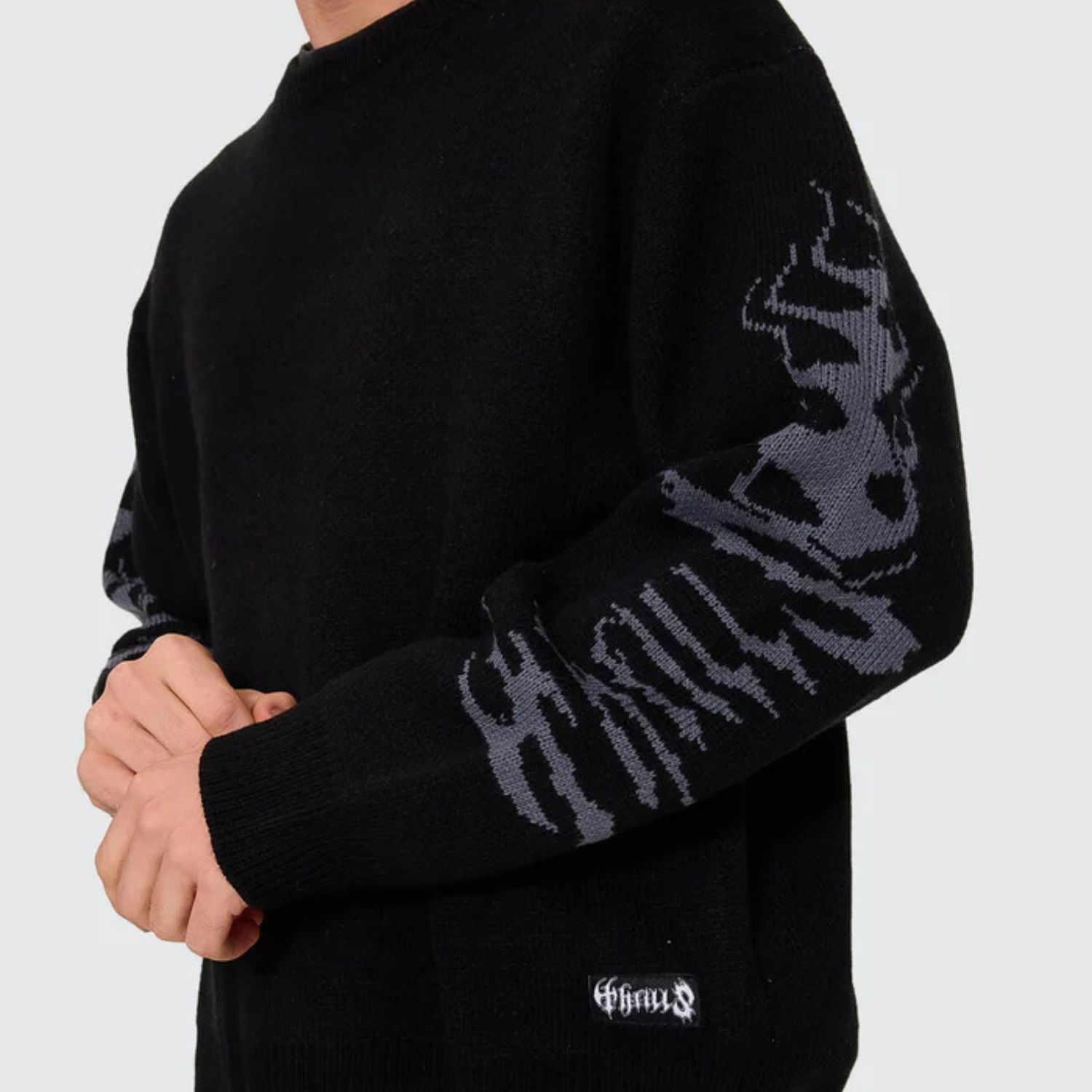 THRILLS MENS NIGHT PETAL BOX FIT CREW CROPPED KNIT - WASHED BLACK