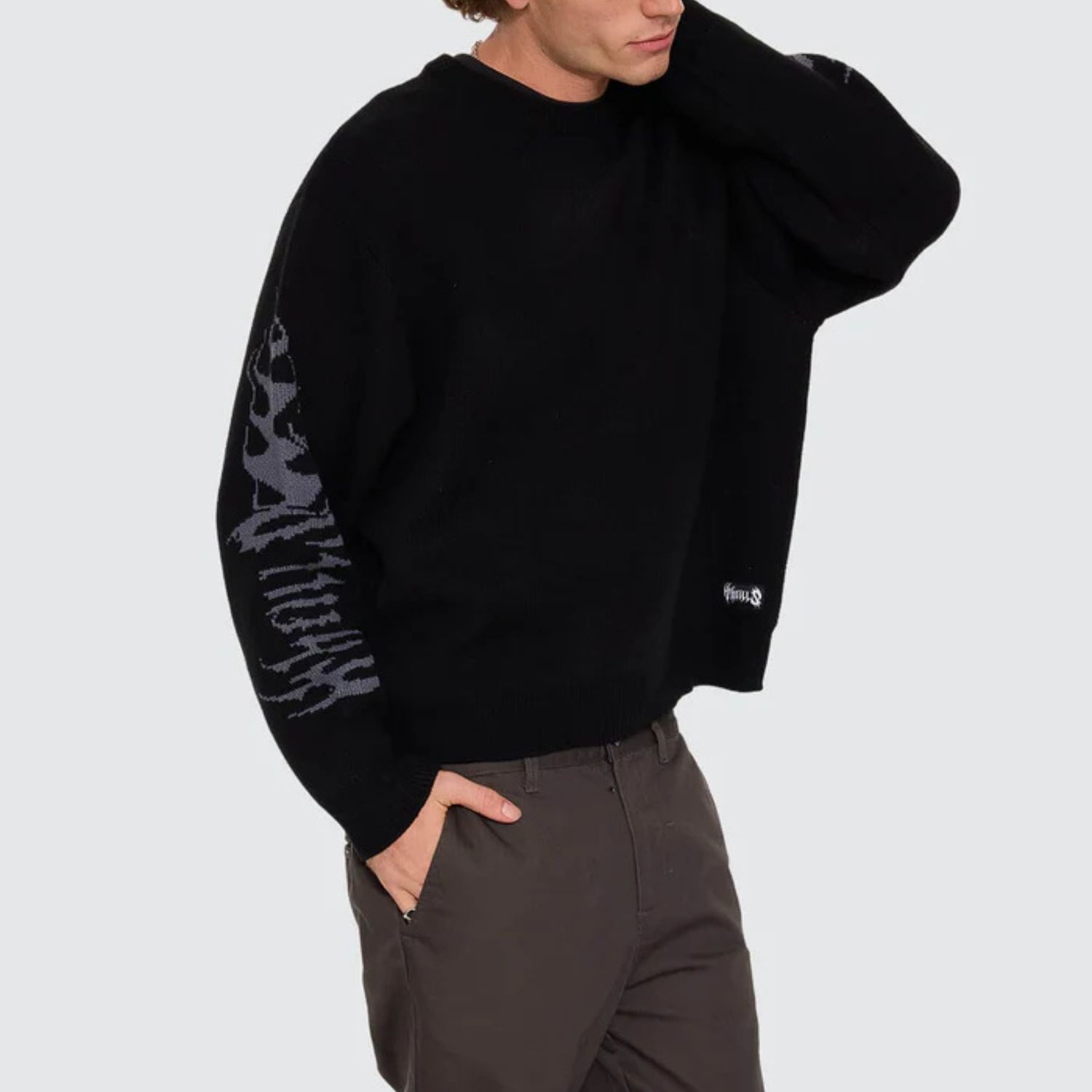 THRILLS MENS NIGHT PETAL BOX FIT CREW CROPPED KNIT - WASHED BLACK