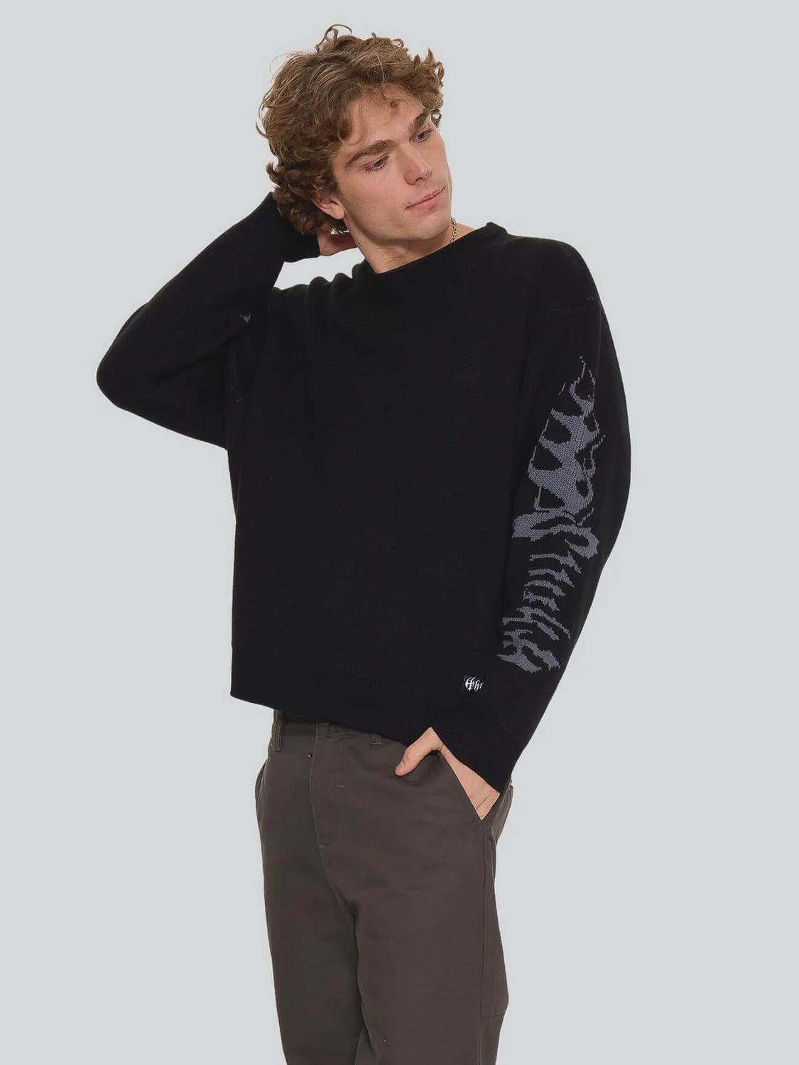THRILLS MENS NIGHT PETAL BOX FIT CREW CROPPED KNIT - WASHED BLACK