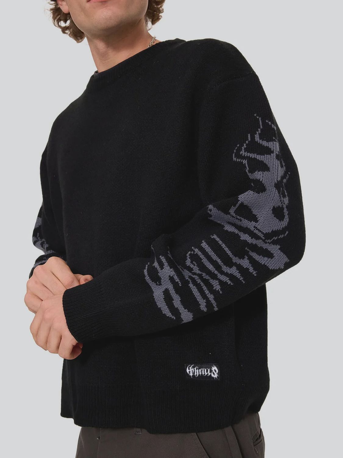 THRILLS MENS NIGHT PETAL BOX FIT CREW CROPPED KNIT - WASHED BLACK