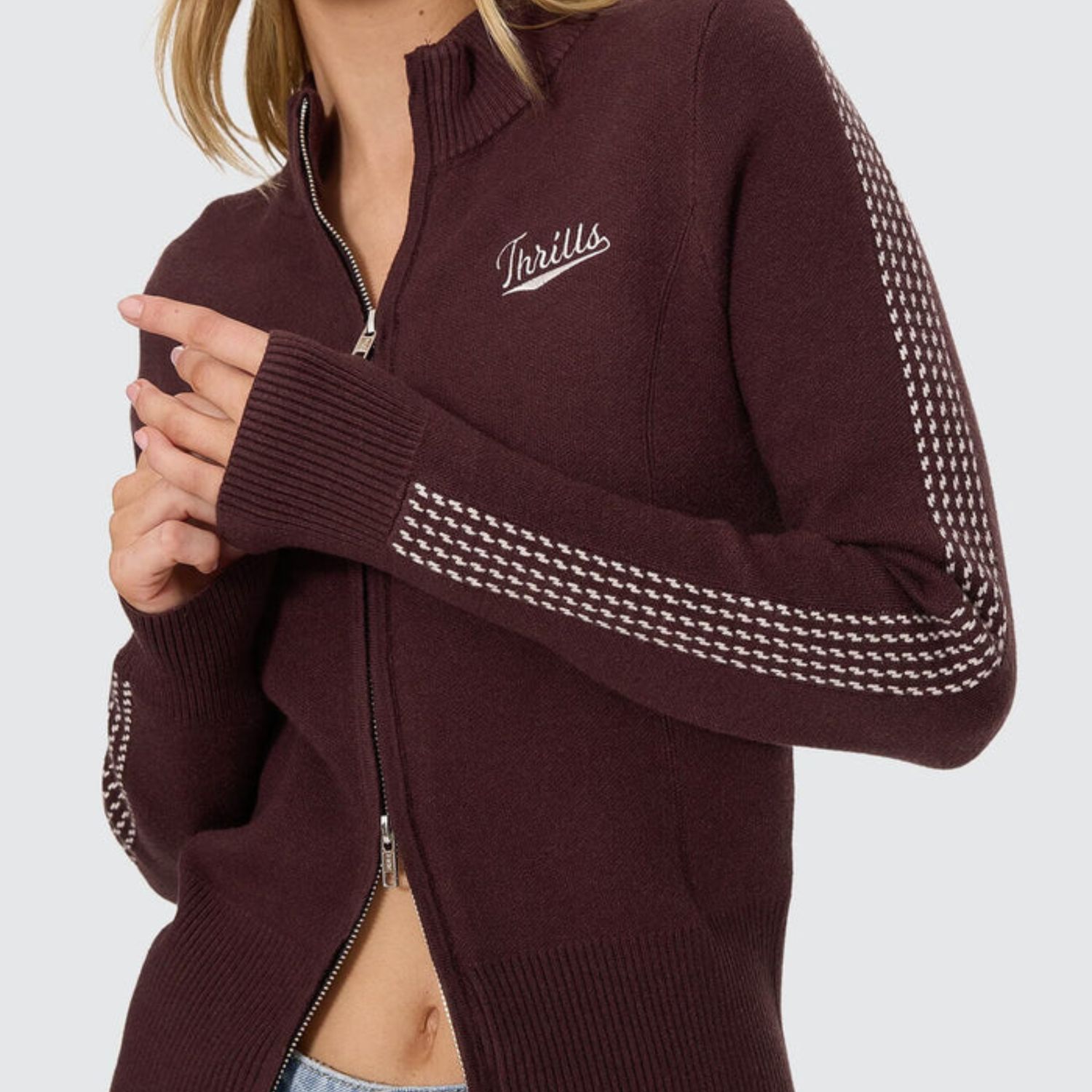 THRILLS WOMENS FINAL CALL ZIP KNIT SWEATER - BITTER CHOCOLATE