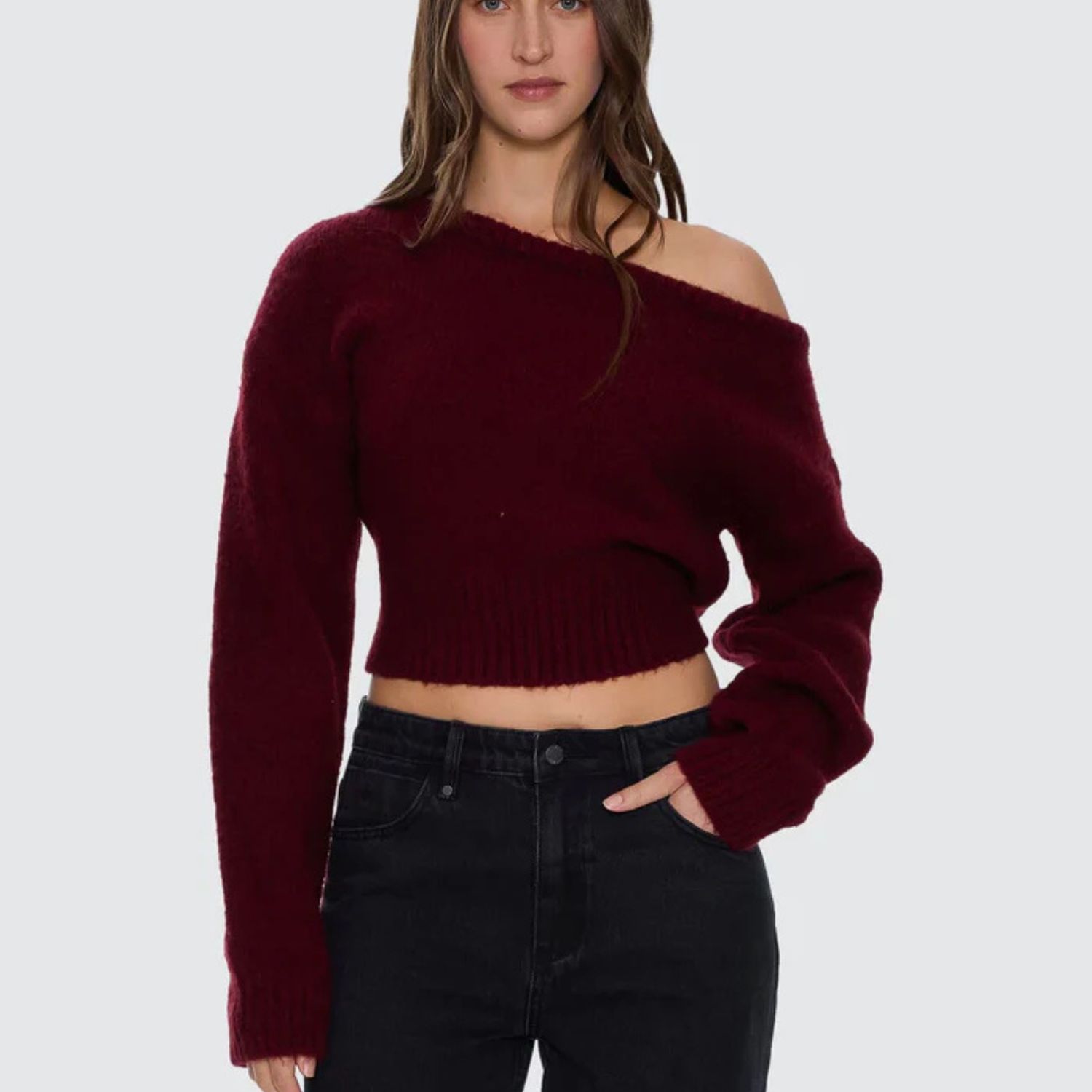 THRILLS WOMENS OSLO COLD SHOULDER KNIT SWEATER - NEW MAROON