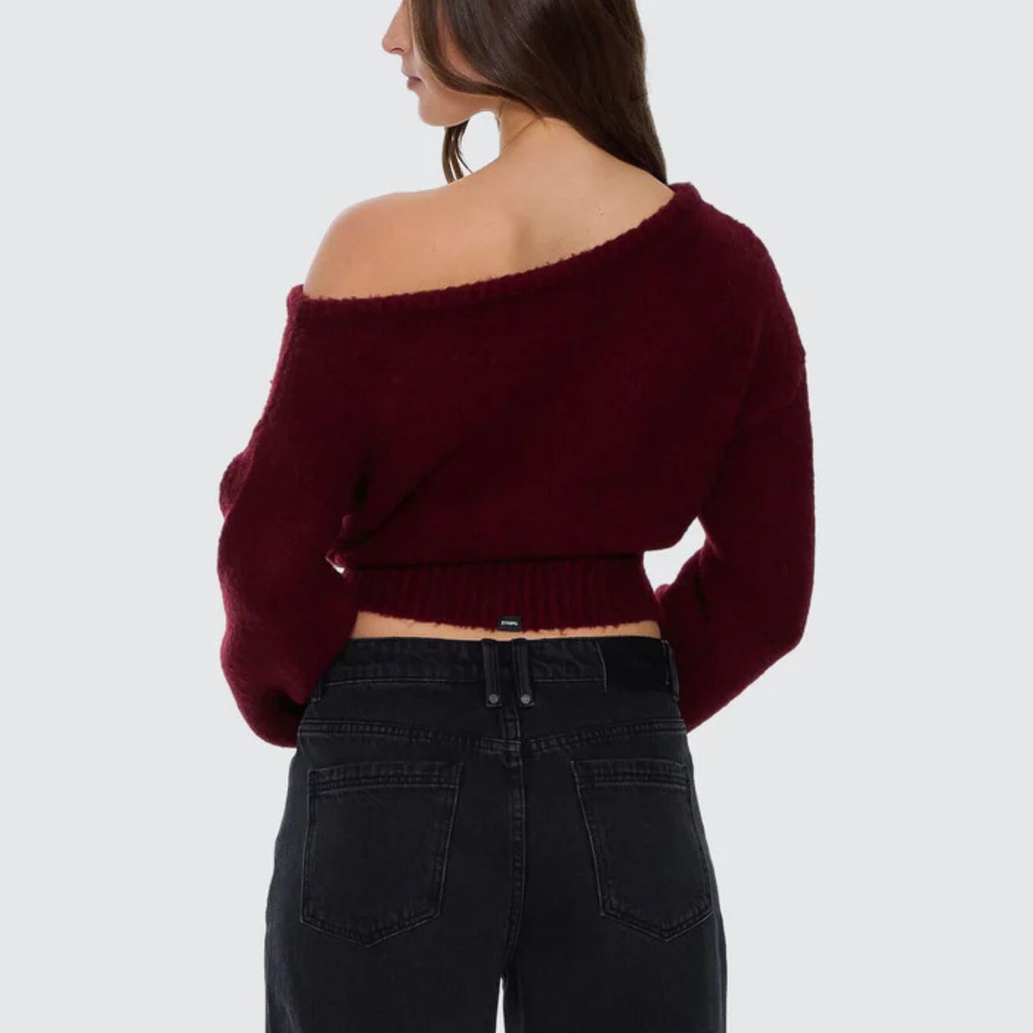THRILLS WOMENS OSLO COLD SHOULDER KNIT SWEATER - NEW MAROON