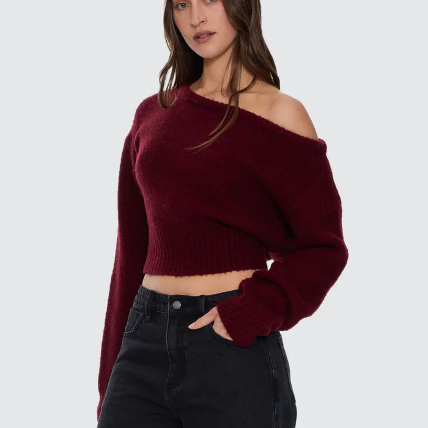 THRILLS WOMENS OSLO COLD SHOULDER KNIT SWEATER - NEW MAROON