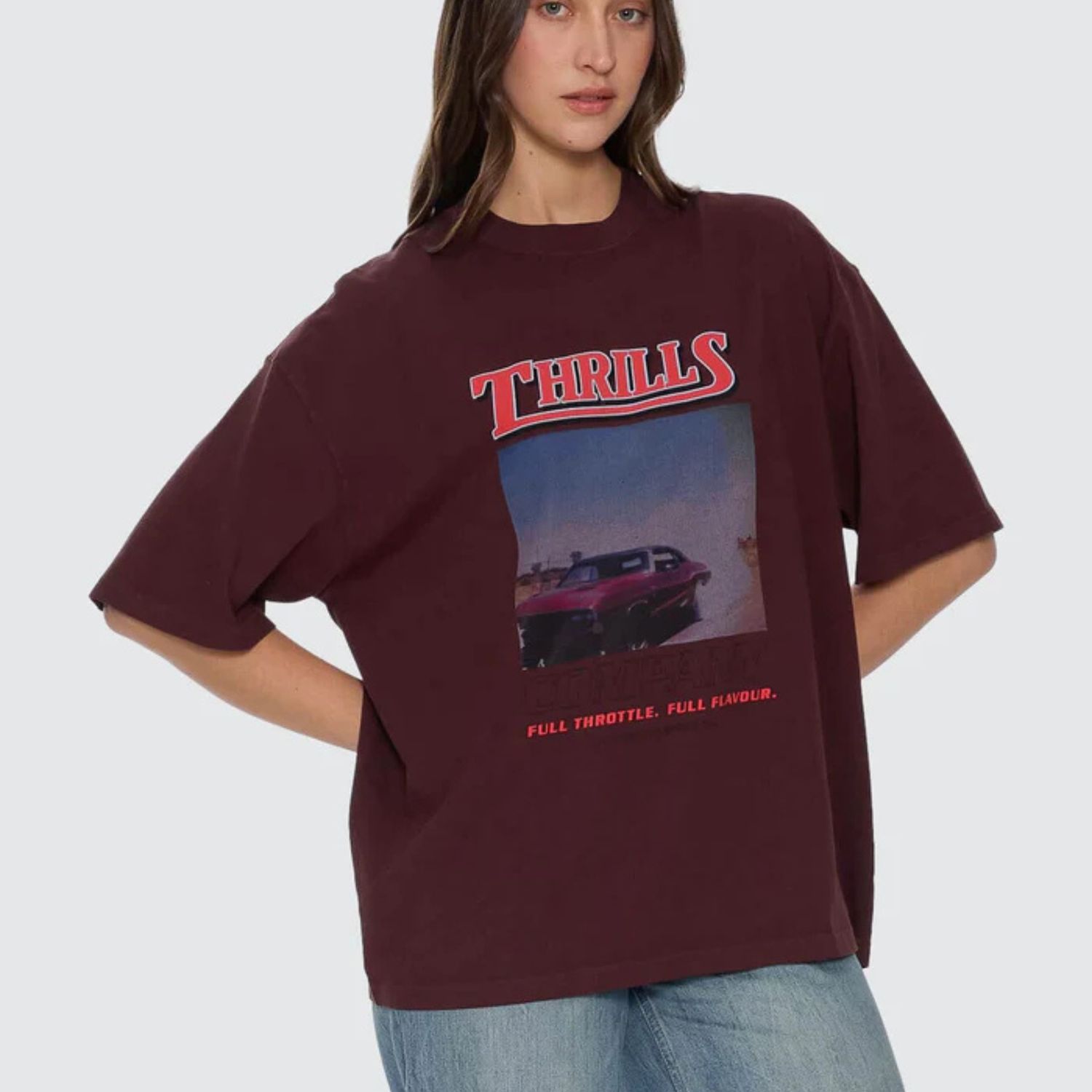 THRILLS WOMENS FULL THROTTLE OVERSIZED TEE - BITTER CHOCOLATE