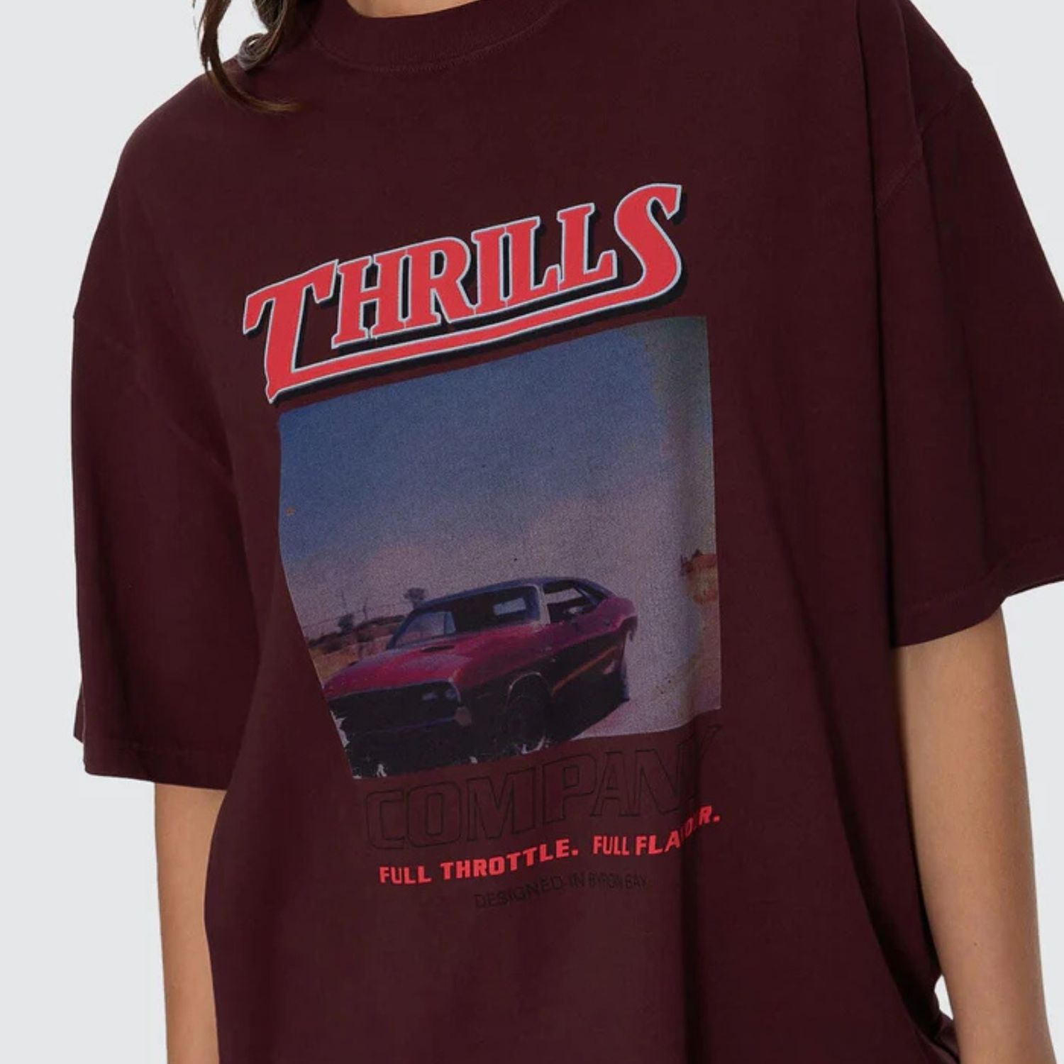 THRILLS WOMENS FULL THROTTLE OVERSIZED TEE - BITTER CHOCOLATE