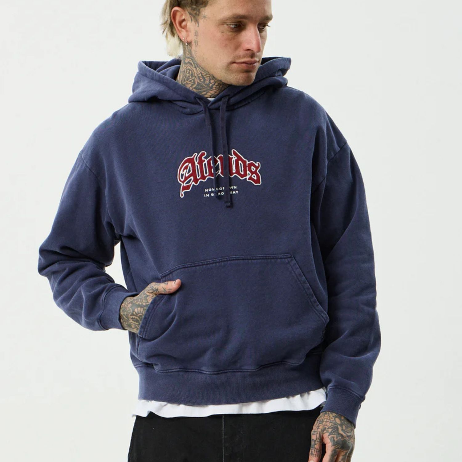 AFENDS MENS HOME - PULL ON HOOD - WASHED DEEP SEA