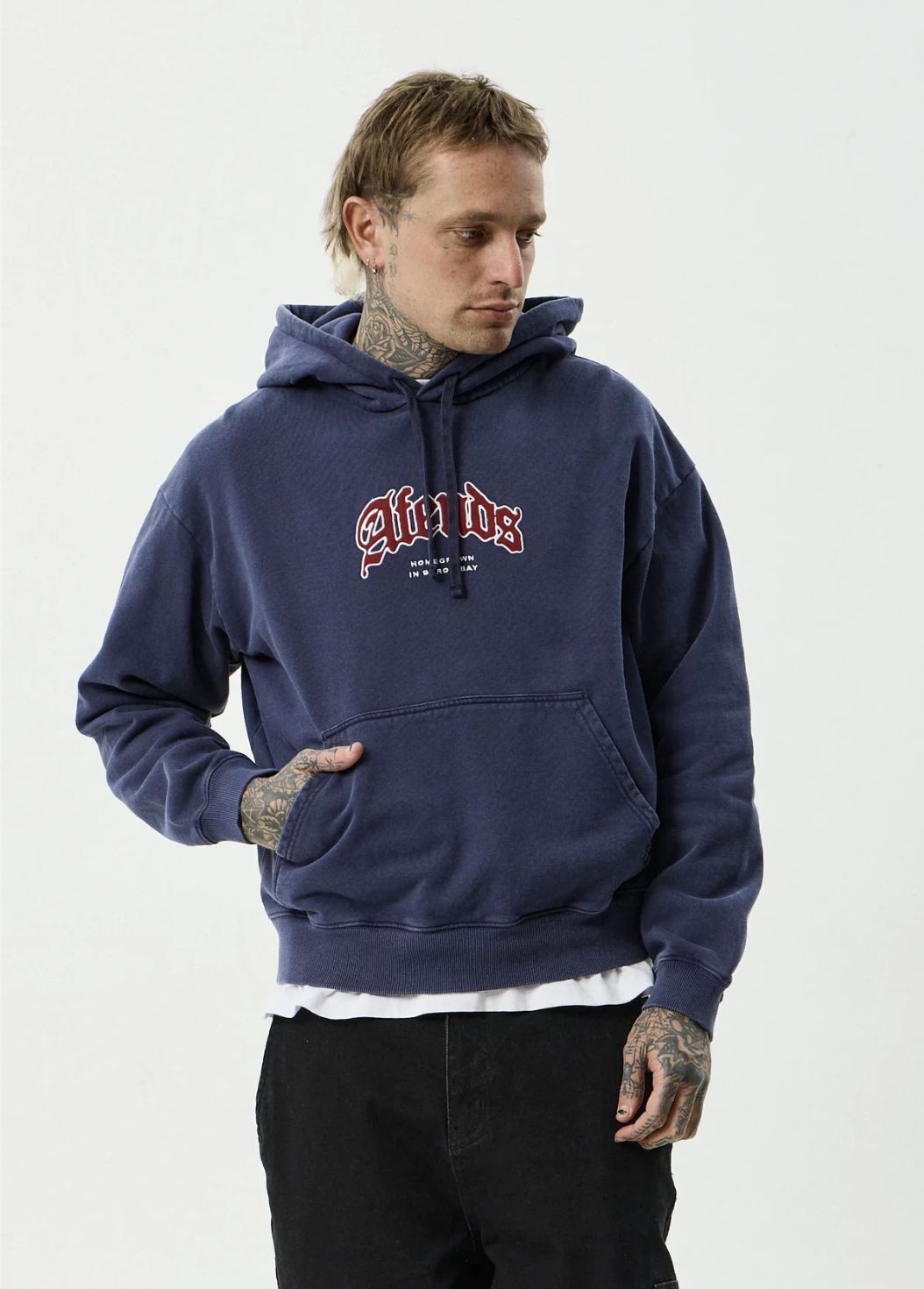 AFENDS MENS HOME - PULL ON HOOD - WASHED DEEP SEA