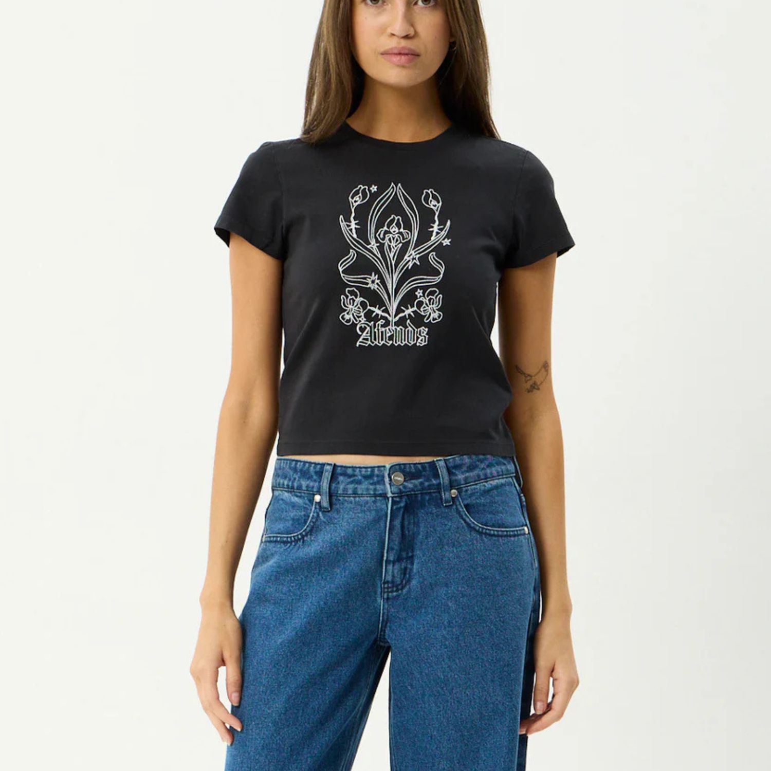 AFENDS WOMENS GOOD NATURE - BABY TEE - STONE BLACK