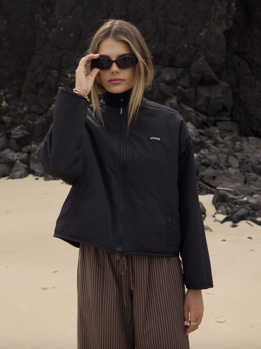 AFENDS WOMENS BERLIN - REVERSIBLE POLAR FLEECE JACKET - BLACK