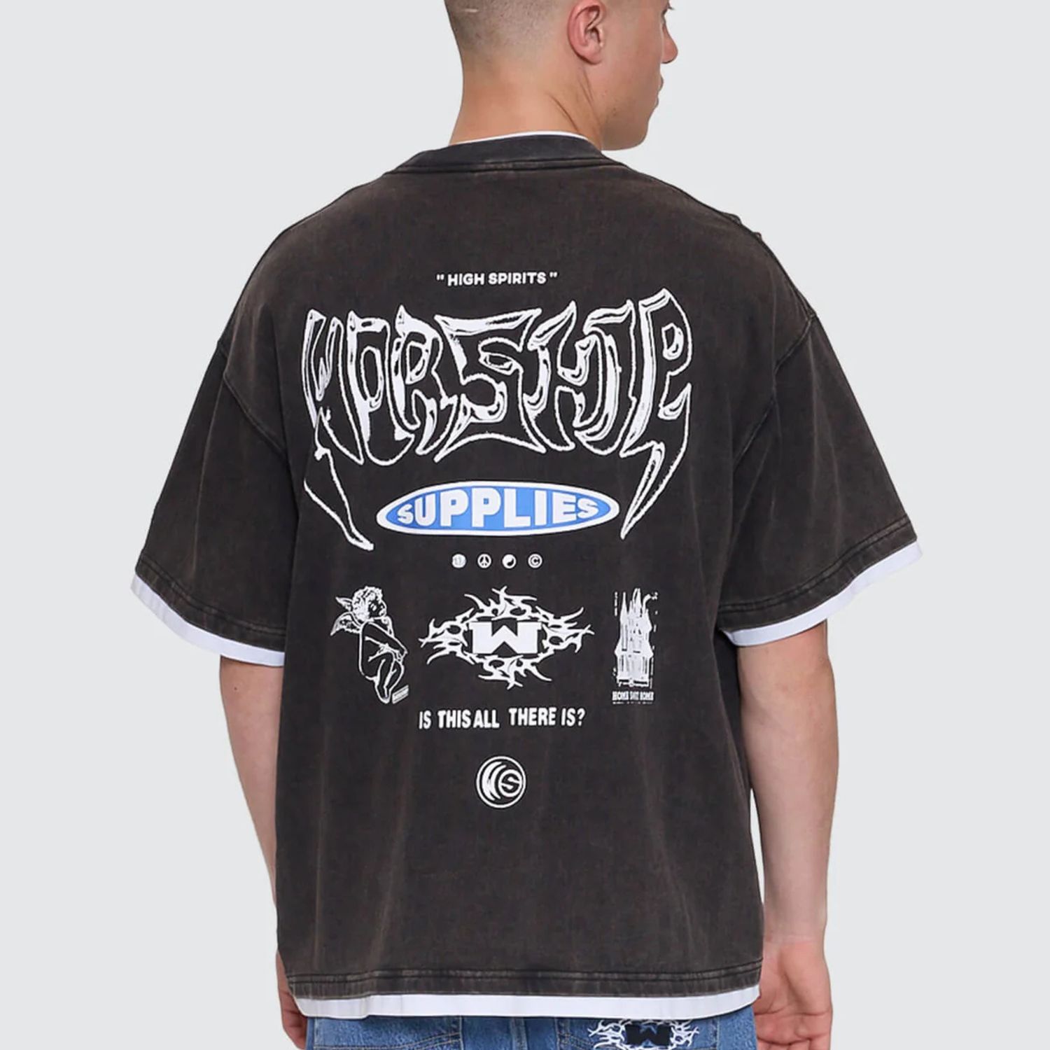 WORSHIP MENS IS THIS IT BOX FIT CROPPED LAYER SS TEE - WASHED BLACK
