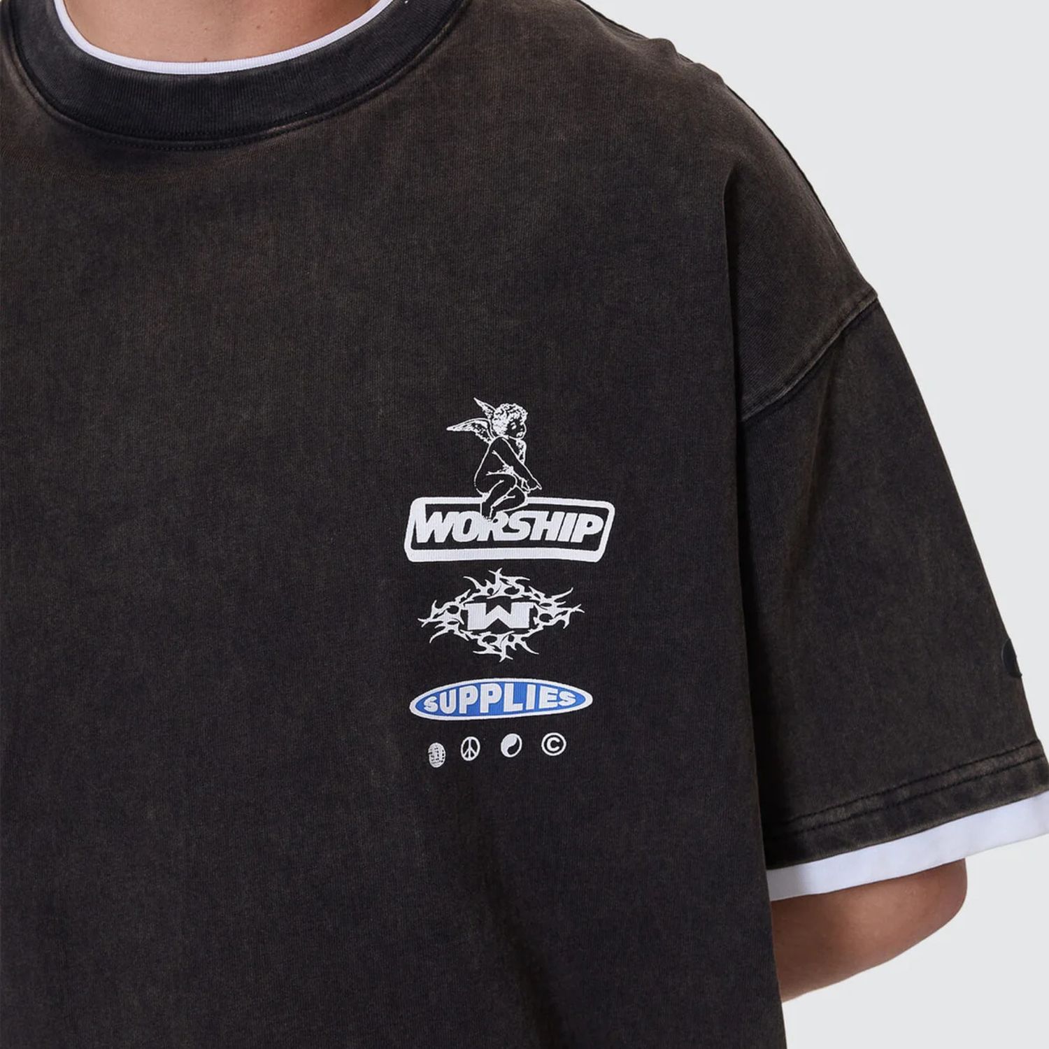 WORSHIP MENS IS THIS IT BOX FIT CROPPED LAYER SS TEE - WASHED BLACK