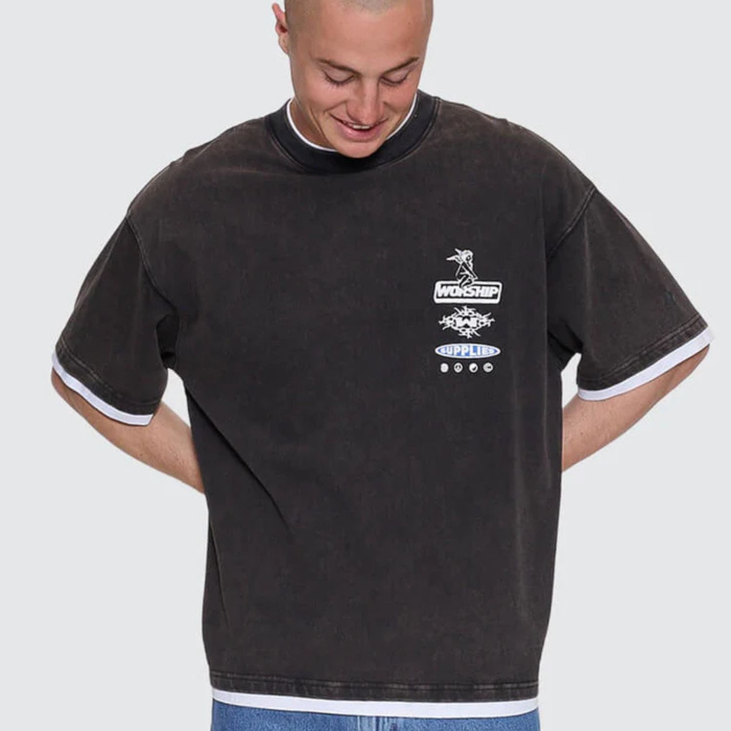 WORSHIP MENS IS THIS IT BOX FIT CROPPED LAYER SS TEE - WASHED BLACK