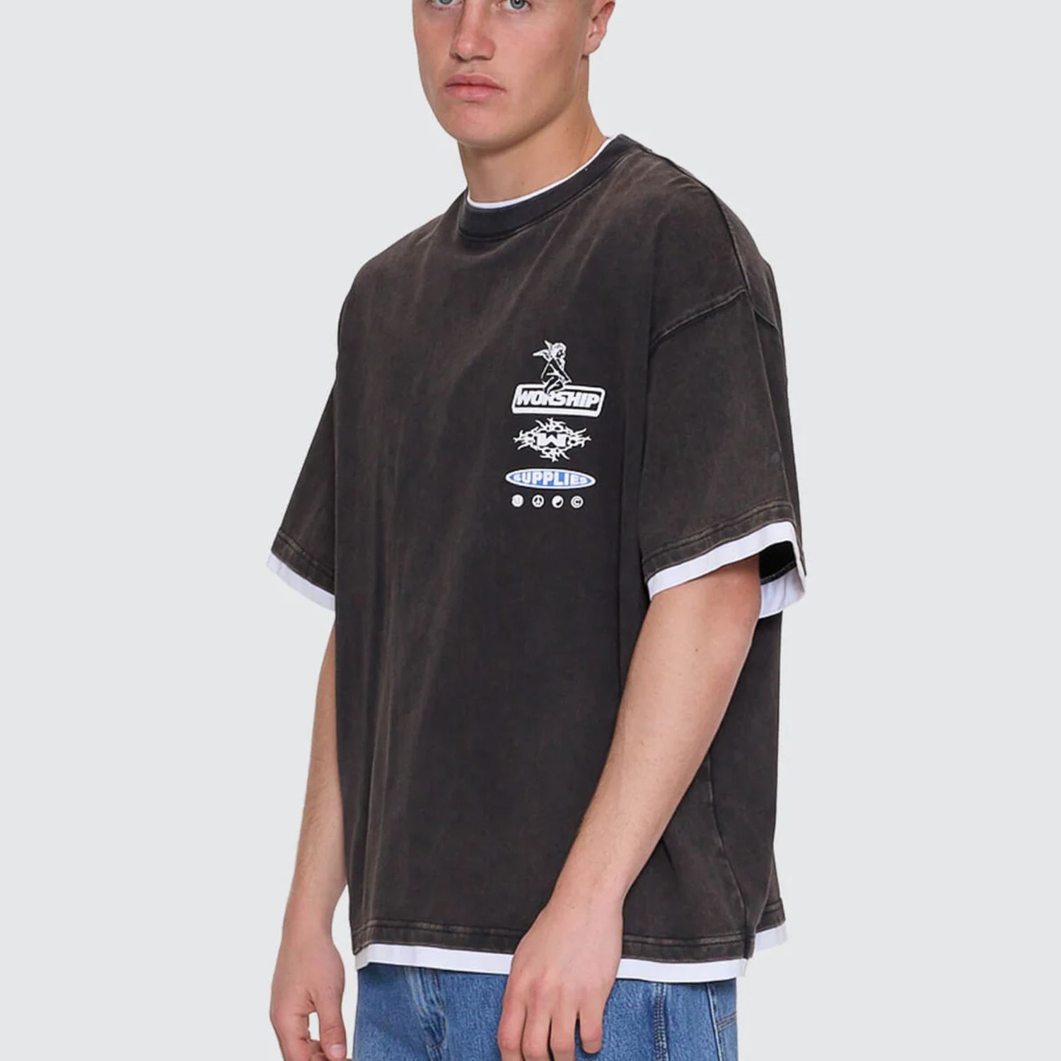 WORSHIP MENS IS THIS IT BOX FIT CROPPED LAYER SS TEE - WASHED BLACK