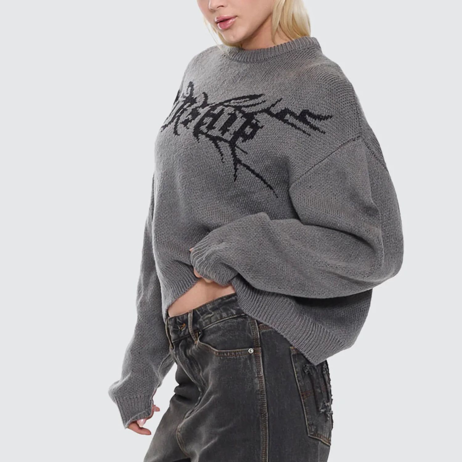 WORSHIP WOMENS TRUDGE BOX FIT CREW KNIT SWEATER - DARK MARLE