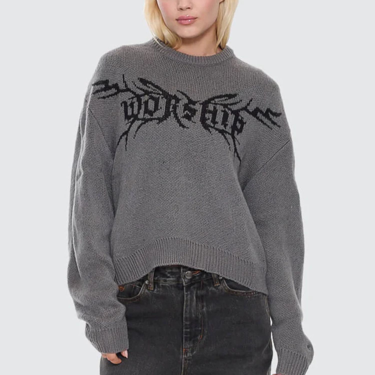 WORSHIP WOMENS TRUDGE BOX FIT CREW KNIT SWEATER - DARK MARLE
