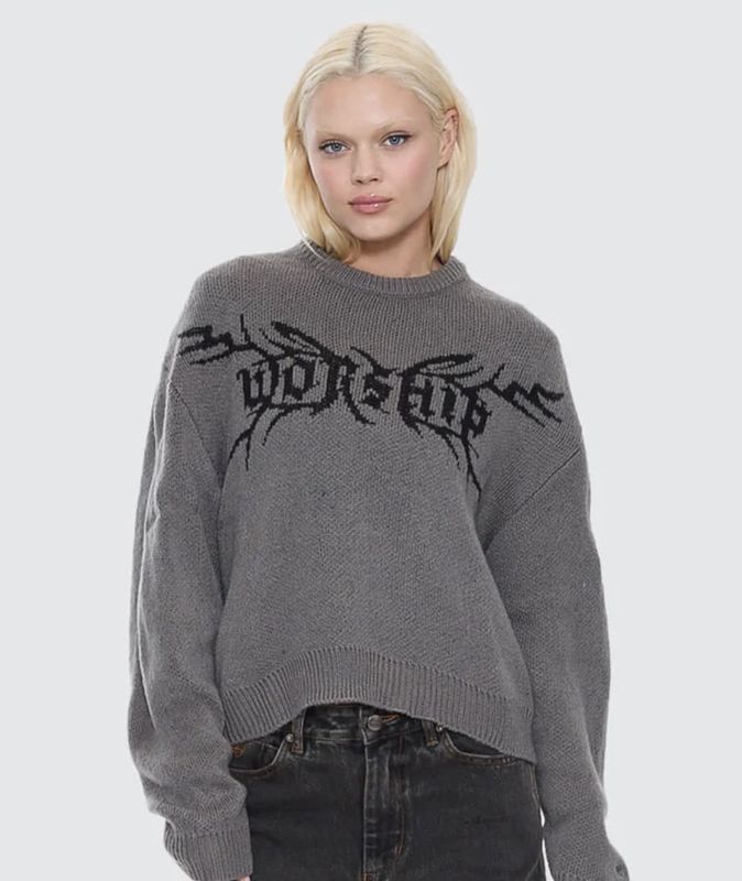 WORSHIP WOMENS TRUDGE BOX FIT CREW KNIT SWEATER - DARK MARLE