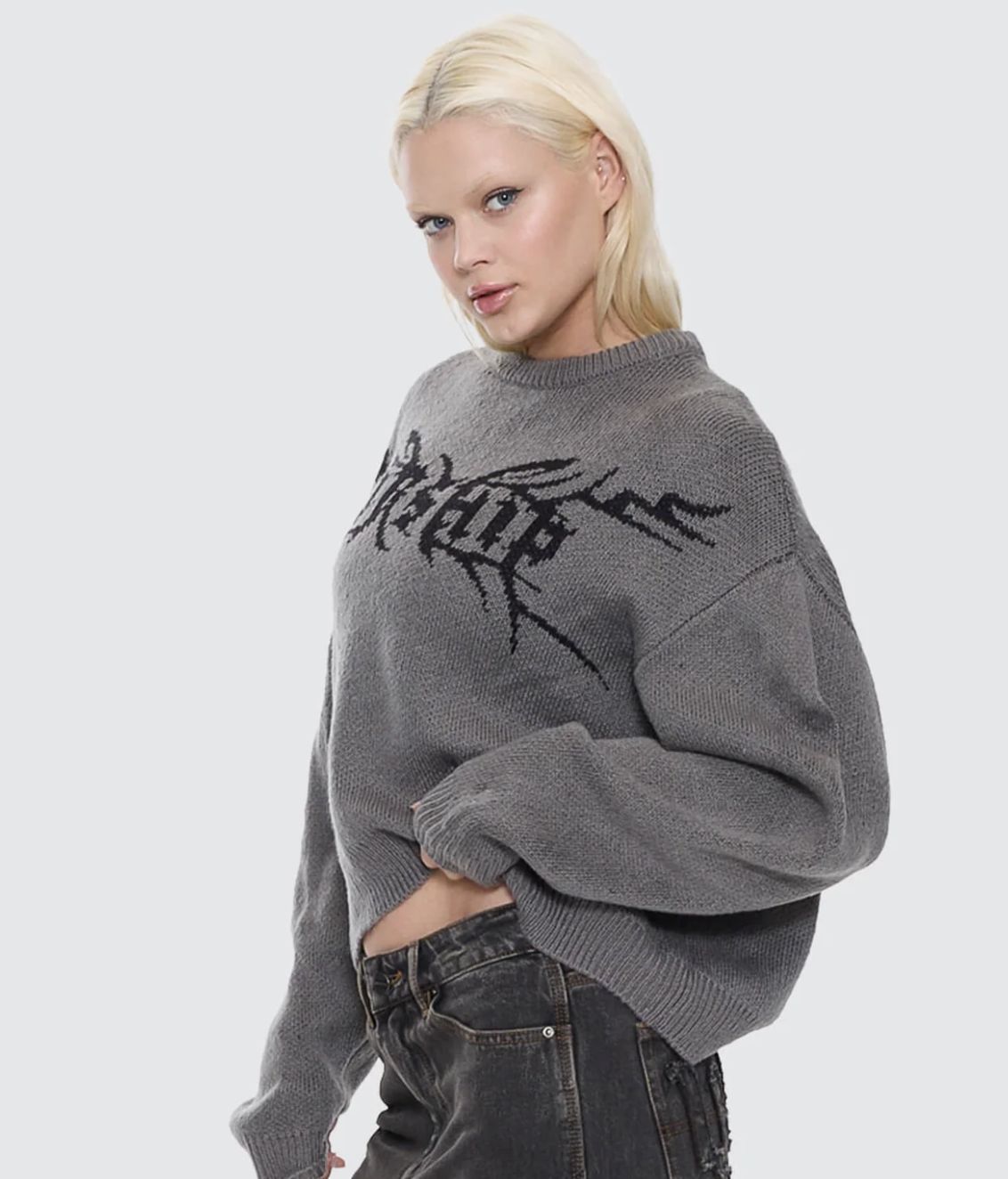 WORSHIP WOMENS TRUDGE BOX FIT CREW KNIT SWEATER - DARK MARLE