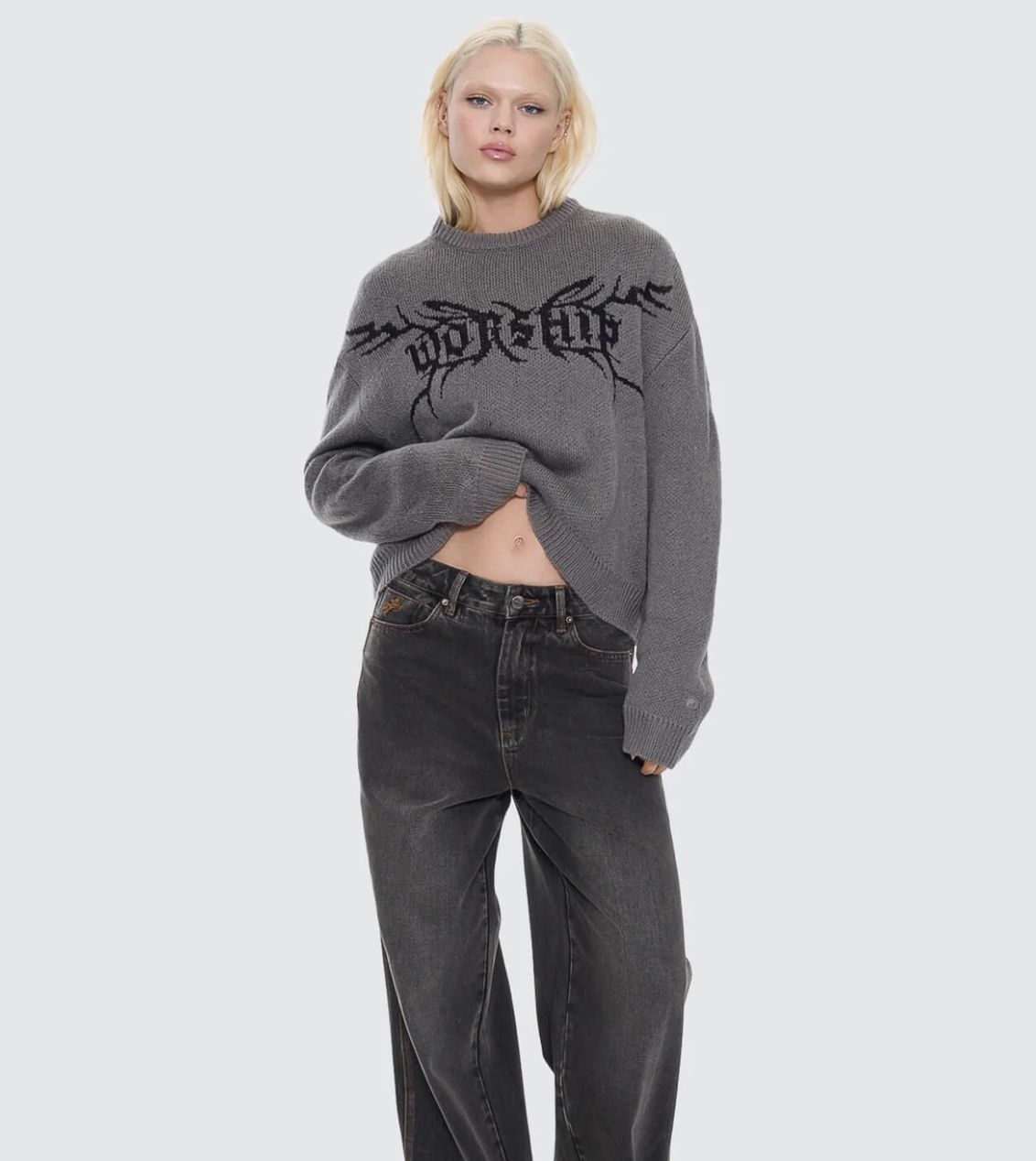 WORSHIP WOMENS TRUDGE BOX FIT CREW KNIT SWEATER - DARK MARLE