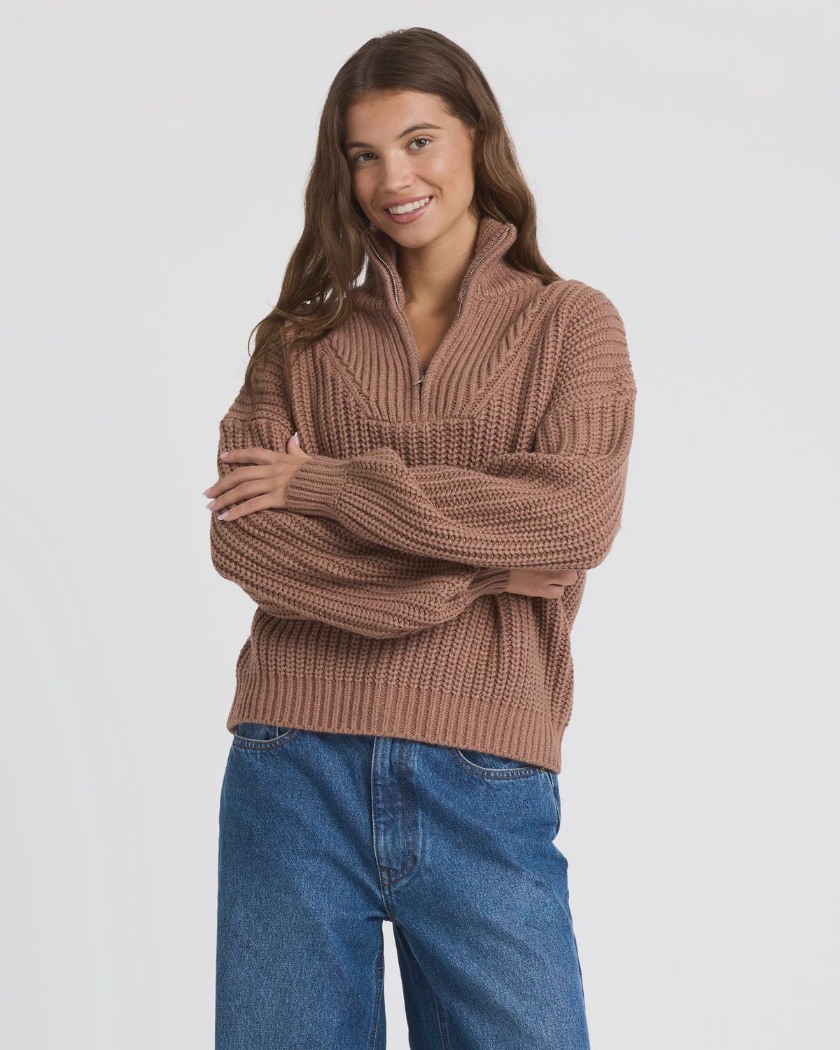 ROXY WOMENS SO COZY HALF ZIP KNIT - MOCHA