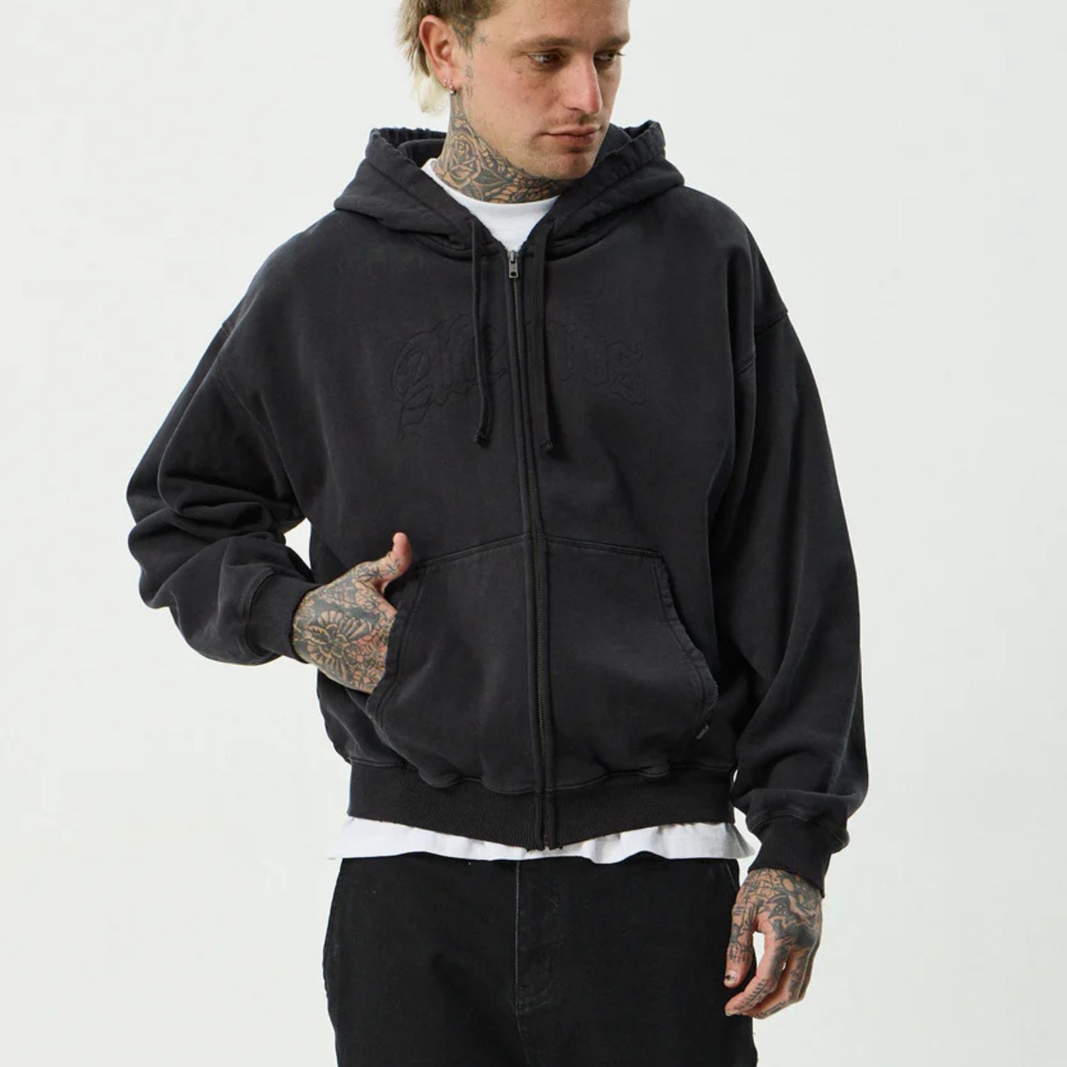 AFENDS MENS RESIDENCE - HEAVYWEIGHT BOXY ZIP HOOD - STONE BLACK