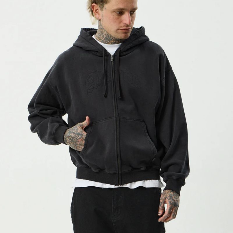 AFENDS MENS RESIDENCE - HEAVYWEIGHT BOXY ZIP HOOD - STONE BLACK
