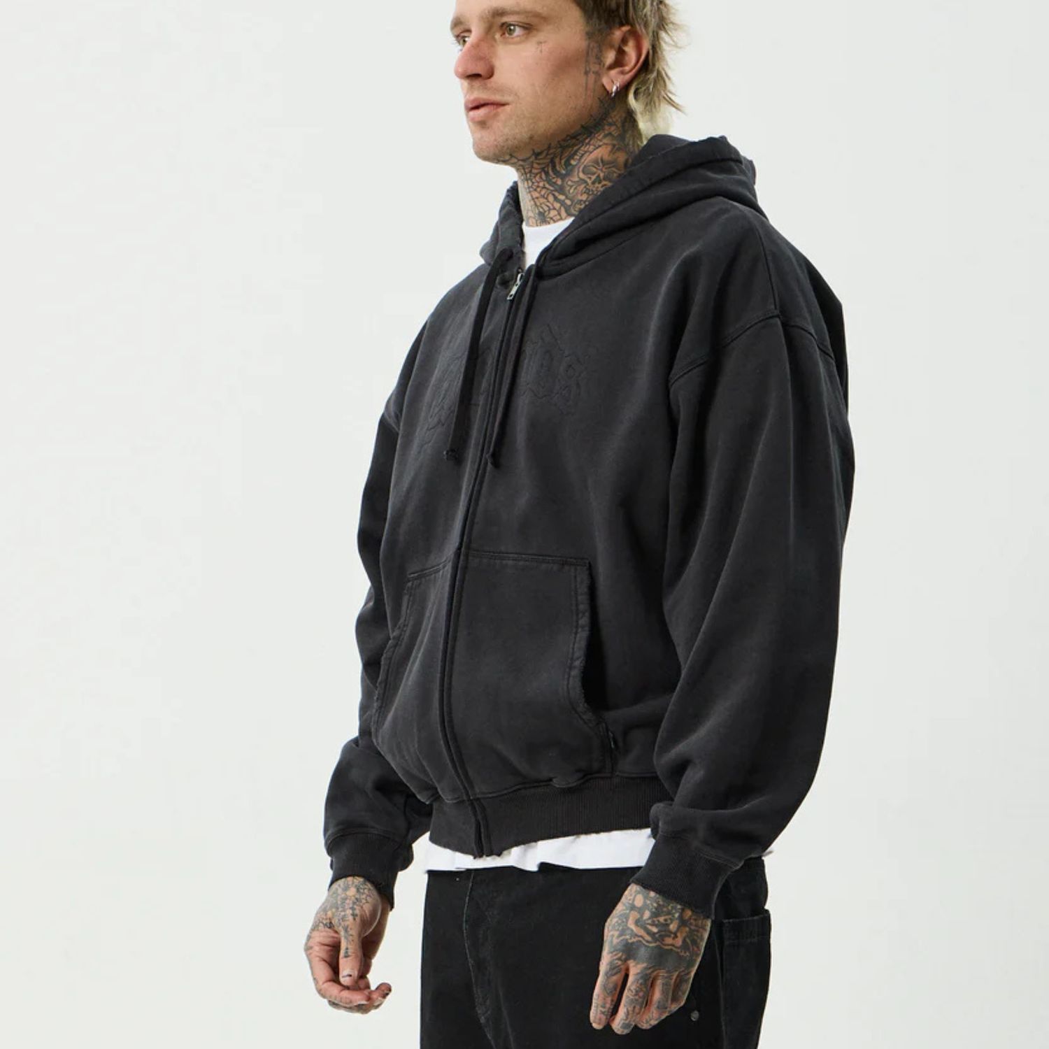 AFENDS MENS RESIDENCE - HEAVYWEIGHT BOXY ZIP HOOD - STONE BLACK