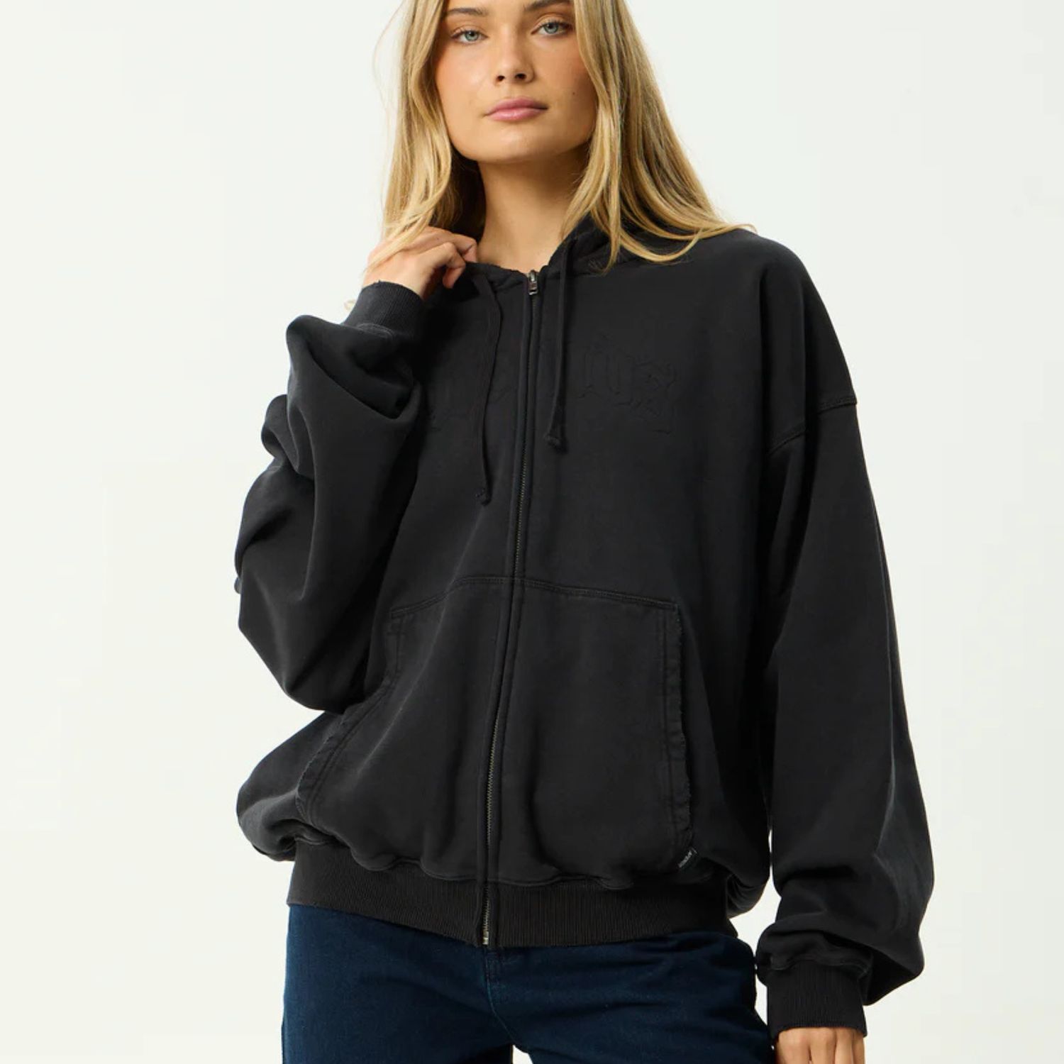 AFENDS MENS RESIDENCE - HEAVYWEIGHT BOXY ZIP HOOD - STONE BLACK